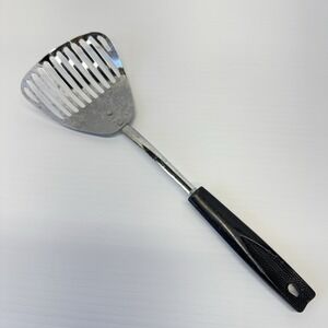 Vintage Ekco Kitchamajig Slotted Spoon Stainless Steel Black Plastic Handle 12"